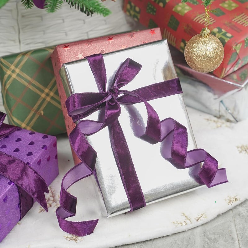Meedee Purple Velvet Ribbon - 1 Inch Wired 25 Yards Crushed Velvet Halloween Wired Ribbon for Wreaths & Christmas Bows - Image 4
